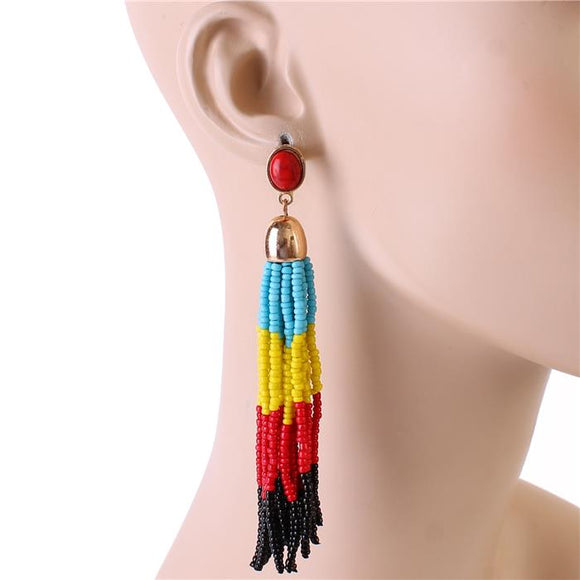 LONG FRINGED TASSEL BEAD EARRINGS